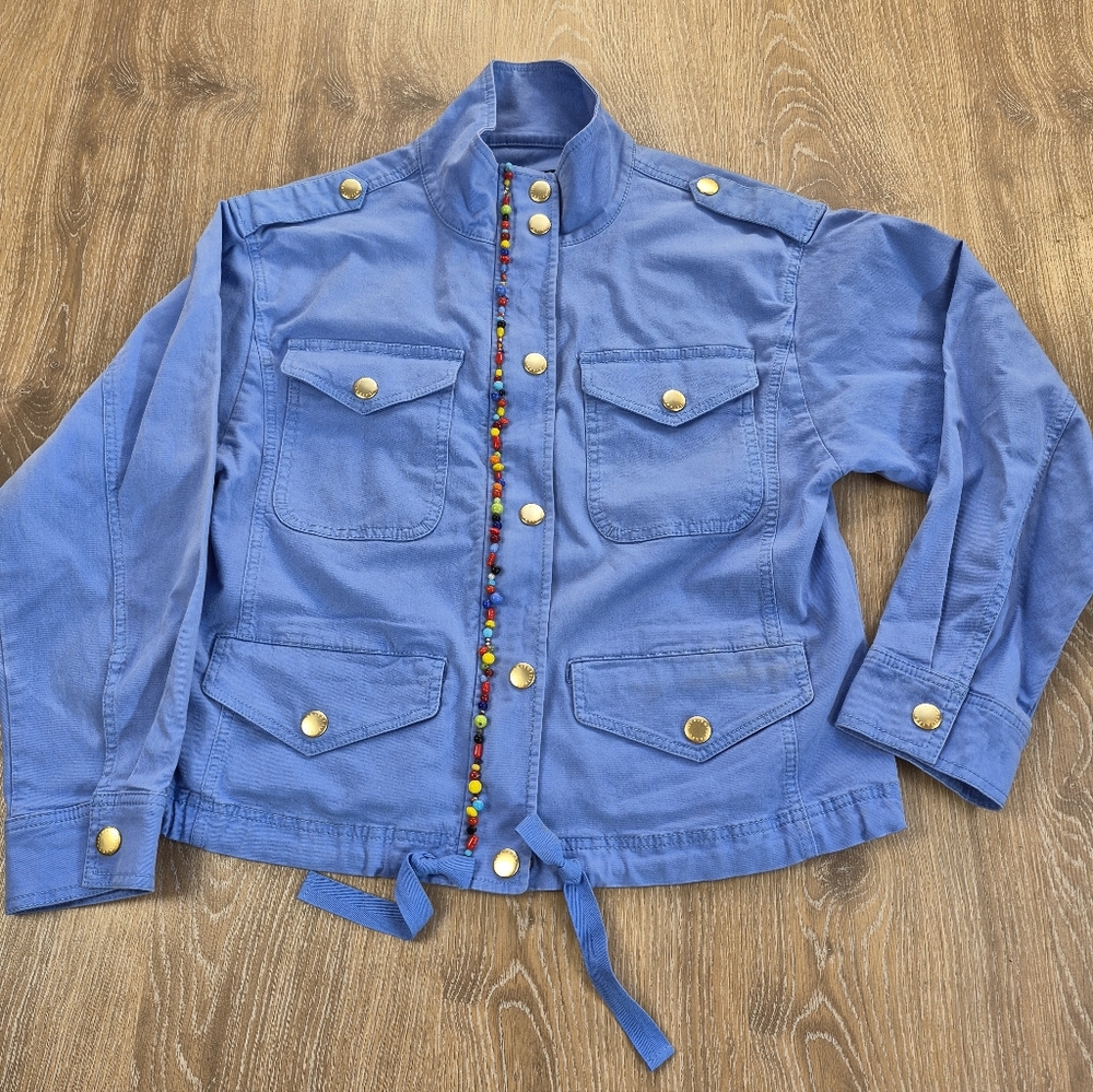 Talbots Blue Field Jacket Beading Gold Hardware Ladies Small Military Boho